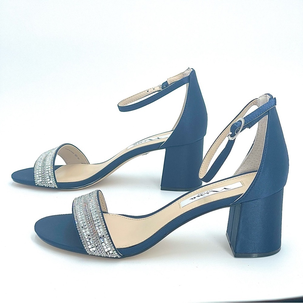 NINA WOMENS NAVY SUEDETTE CRYSTAL BLOCK MID-HEEL ANKLE STRAP DRESS SANDAL NIB! - Picture 13 of 15